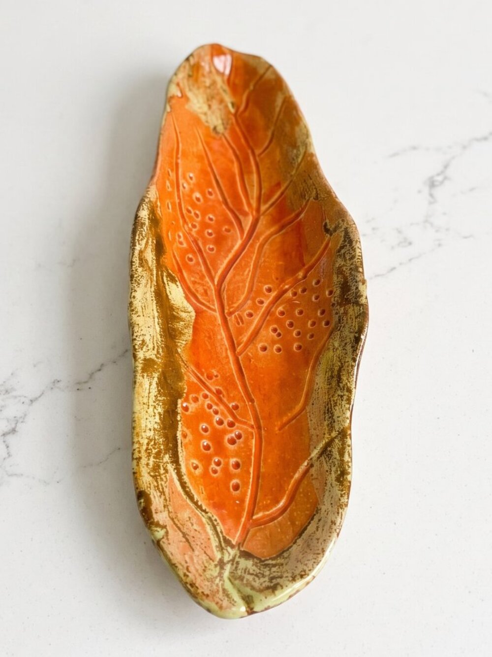 Signed Handmade Studio Pottery Orange Leaf Ceramic Serving Tray 13 3/8”